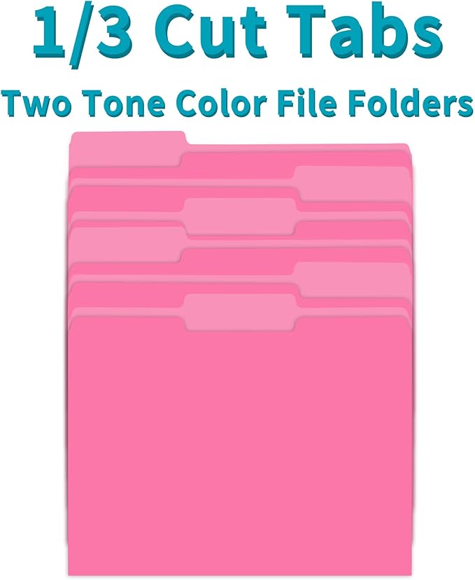 Two Tone Color File Folder 8.5 x 11 Inch,100 Packs Pink File Folders,1/3 Cut Tabs File Folder Letter Size,Manila File Folders for Office,School and Home,Organization
