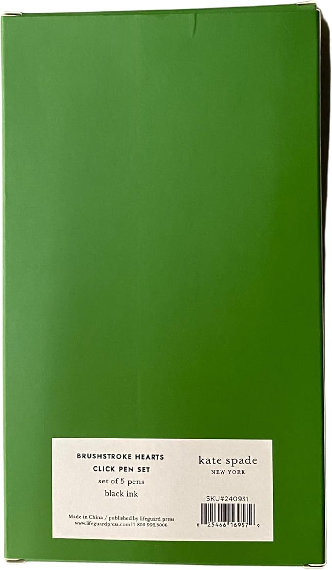 kate spade new york Black Ink Pen Set of 5, Cute Click Pens, Plastic Retractable Pens for Writing and Journaling (Brushstroke Hearts)