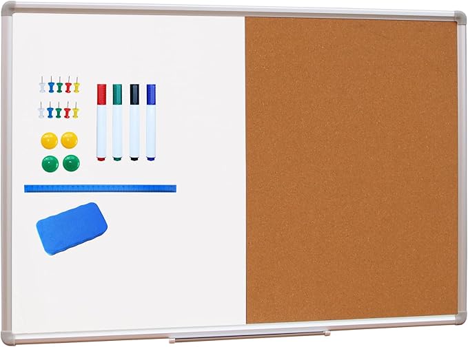 DEVELOP Combination Magnetic Dry Erase Board & Cork Board, 36 x 24 Inch Combo for School, Office, Home, Wall-Mounted Whiteboard Bulletin Board with Removable Tray, Pins, Eraser, Markers & Magnets