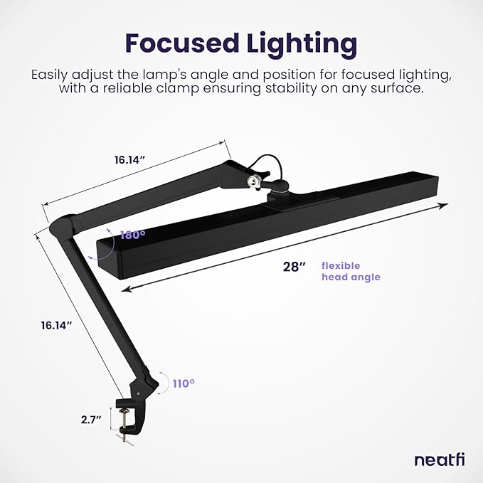Neatfi 3,000 Lumens Ultra LED Desk Lamp with Clamp, 30W Dimmable Monitor Light, 5 Brightness Levels & 5 Light Modes (Black, 28 Inches with Metal Arm)