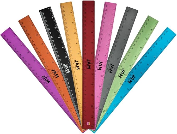 JAM PAPER Strong Aluminum Rulers - 12 Inch - Metal Rulers with Non-Skid Cork Backing - All Colors Assortment - 9/Pack