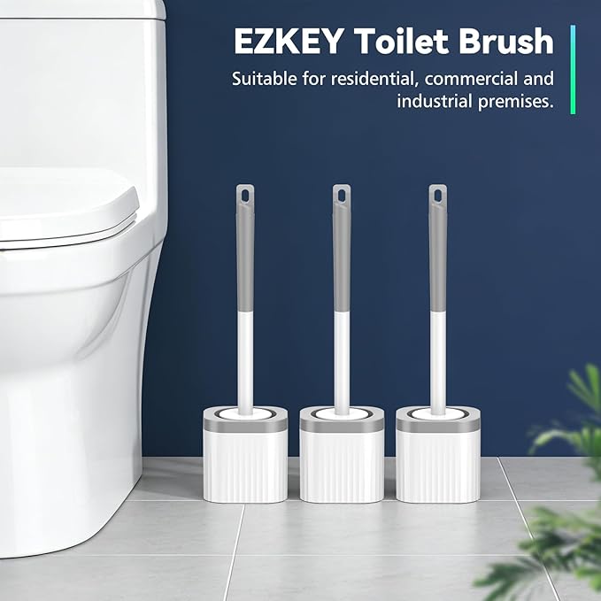 EZKEY Toilet Brush, 3 Pack Toilet Brush and Holder Set with Nylon Bristles Toilet Bowl Brush Compact Hidden Scrubber Brushes for Bathroom Deep Cleaning, Grey & White