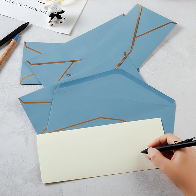 100 Pack #10 Business Envelopes with Gold Border, Self Seal Standard Envelopes with Gold Stickers for Office, Checks, Letter Mailing, Invoices, 4 1/8 x 9 1/2 Inches (Dusty-Blue)