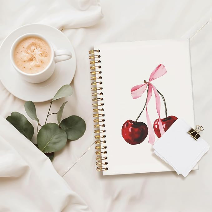 Coquette Pink Bow Cherry Notebook, Preppy Trendy Aesthetic Journal for Girls, Cute College Ruled Spiral Planner, Coquette School Supplies & Gifts for Women, 5.5x8.3 Inch