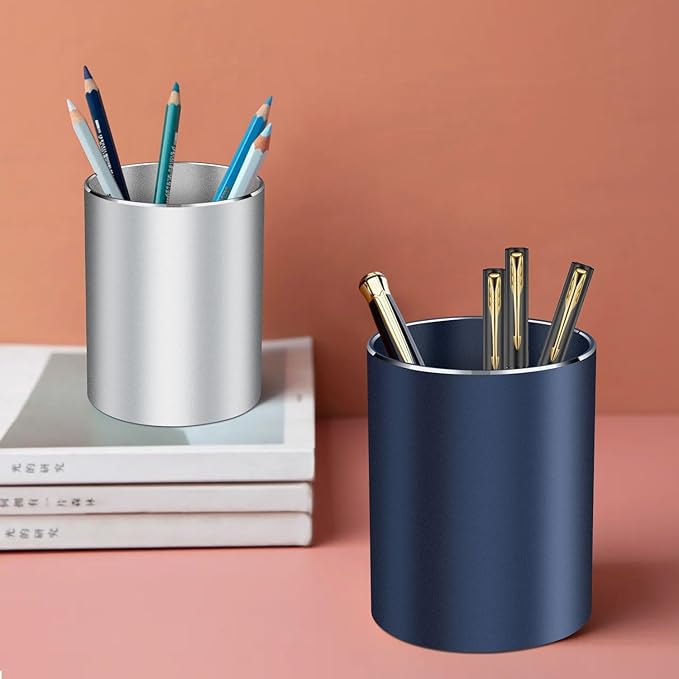 Pen holder, aluminum alloy waterproof pen holder, desktop simple and modern minimalist, multifunctional office supplies for families, kids and schools (blue)