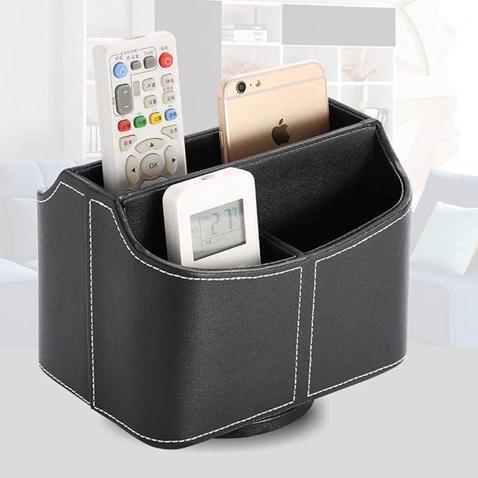 PU Leather Remote Control Holder Rotate 360 degrees Desk Organizer Storage Box for Remote Caddy,TV Guide, Mobile Phone, Pen,Stationery and Media Storage,Bedside Table Organizer(Black)