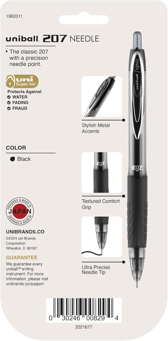 uniball 207 Needle Retractable Gel Pens, Medium Point (0.7mm), Black, 5 Pack