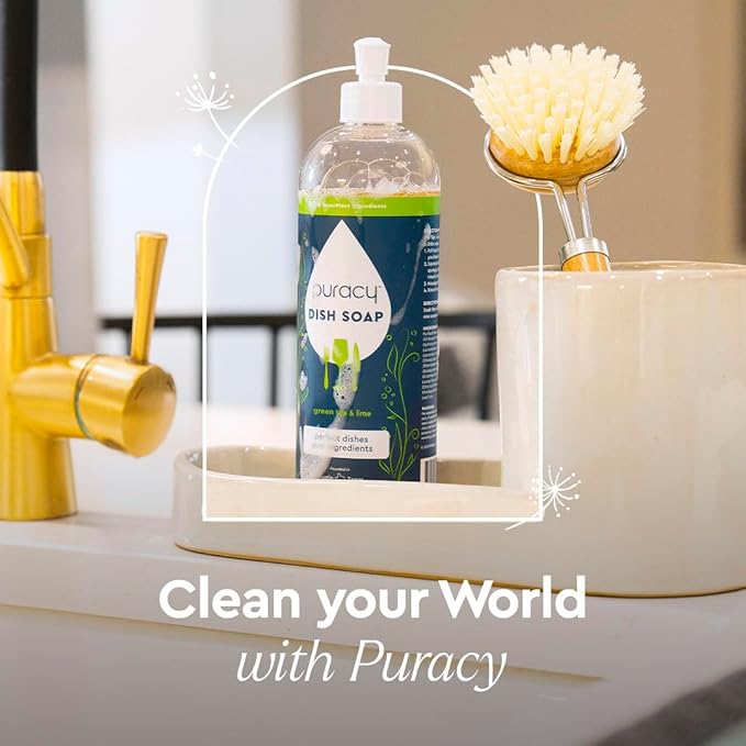 Puracy Natural Dish Soap Packs- Skin-Softening Plant-Based Dishwashing Soap, Non-Toxic Dish Soap, Organic Liquid Dishwashing Detergent Soap (Green Tea & Lime, 16 fl oz, 3 Pack)