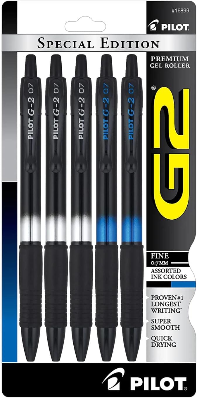 Pilot G2 Special Edition Retractable Gel Pens, Fine Point, Black/Blue Ink, 5/Pack