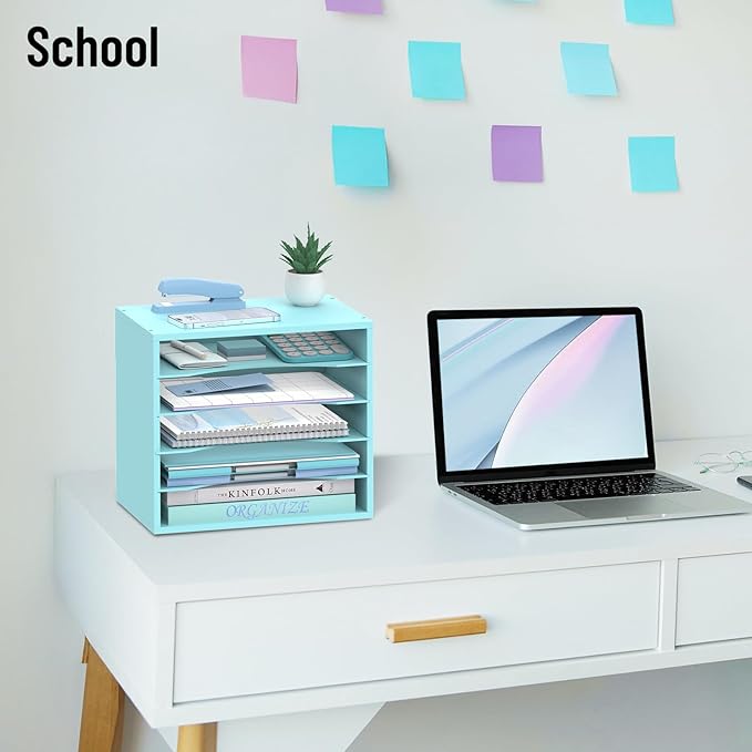 5-Tier Wood Desk Organizer, Paper Tray Organizer for Desk with Adjustable Storage Shelves, Desktop Paper Sorter Mail Holder for Office Home Classroom, Blue