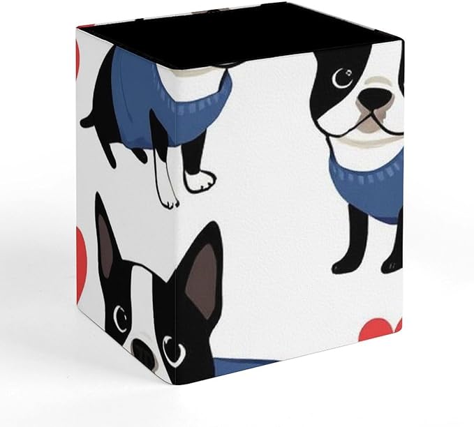 Pen Holder Square Leather Pencil, Holder Cup Makeup Brush Storage Organizer, Waterproof Multifunctional Office Supplies Boston Terrier Bulldog
