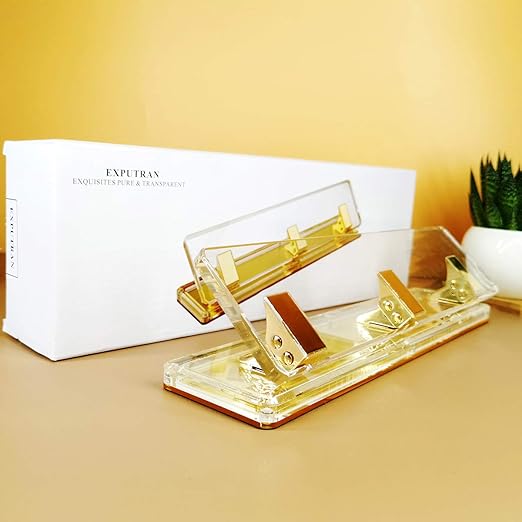 Acrylic and Gold Standard 3 Hole Punch,10 Sheet Capacity, Desktop Hole Puncher 3 Ring, Office Desktop Accessory,Clear/Gold