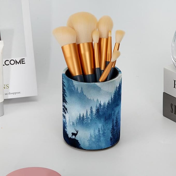 1 Pack Watercolor Mountain Deer Circular Pen & Pencil Holder - Durable PU Leather Pencil Cup, Desk Accessories Organizer for Office Desk School Home