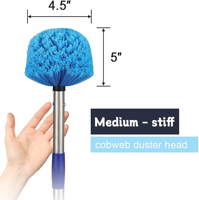 Extended Reach Cobweb Duster with 8-Foot Pole - Medium Bristle Brush for Ceiling, Wall, and Indoor/Outdoor Cleaning, Lightweight Stainless Steel (8 FT)