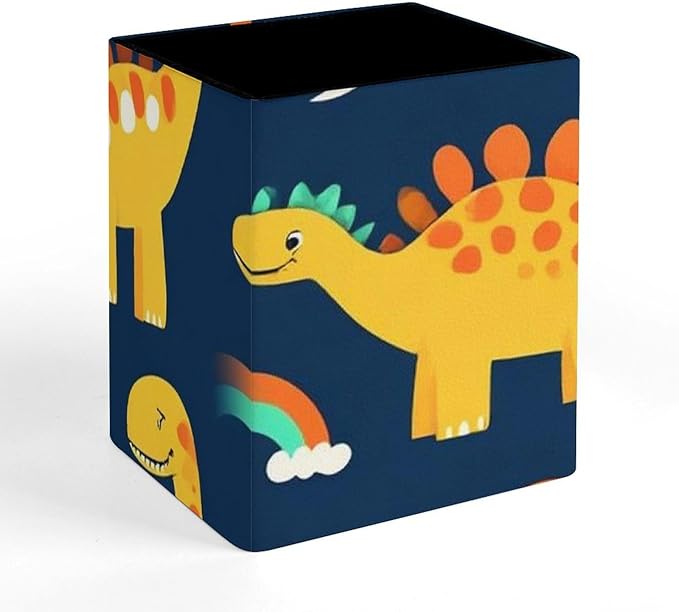 Pen Holder Square Leather Pencil, Holder Cup Makeup Brush Storage Organizer, Waterproof Multifunctional Office Supplies Dinosaur