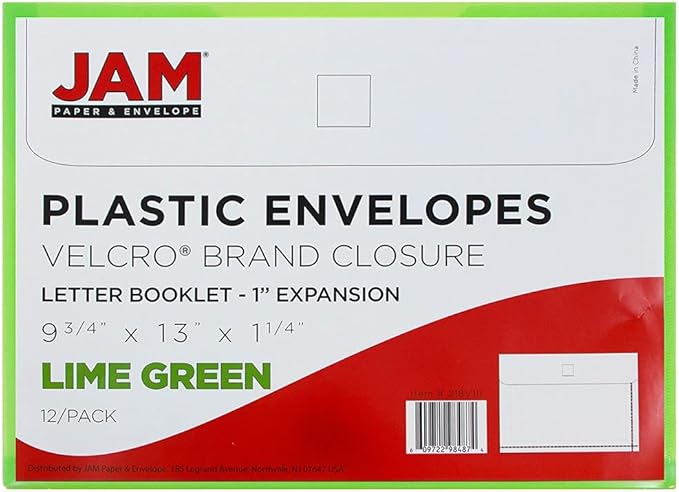 JAM PAPER Plastic Expansion Envelopes with Hook & Loop Closure - Letter Booklet - 9 3/4 x 13 with 1 Inch Expansion - Lime Green - 12/Pack