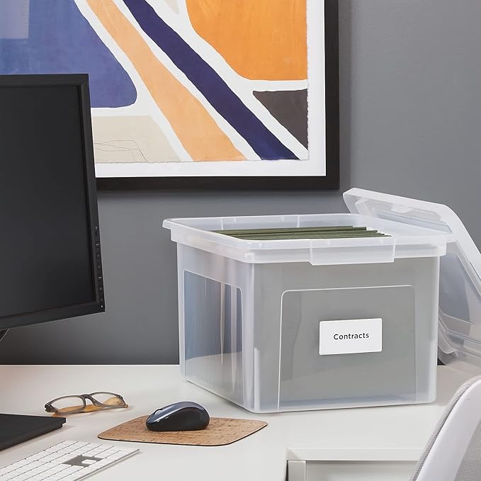 STAPLES Hanging File Folder Box, Storage Bin Organizer, Snap Lid, Letter & Legal Size Documents, Clear