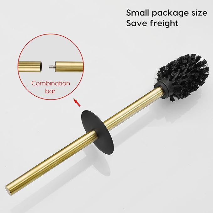 Brushed Gold Stainless Steel Toilet Brush, Square No-Punch Hook Base Toilet Brush Holder Removable Inner Bucket and Splash Proof Cover - Soft Bristles (Non-Drill Square Plastic caps Gold)