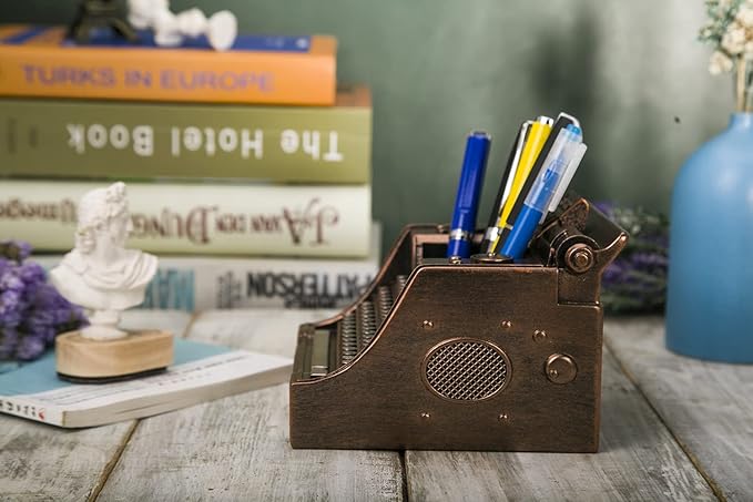 Retro Typewriter Pen Holder Vintage Desk Accssories Unique Cool Gifts for Writer Typewriter Lovers and Secretary Cute Funny Pencil Cups for Office Home School (Bronze)