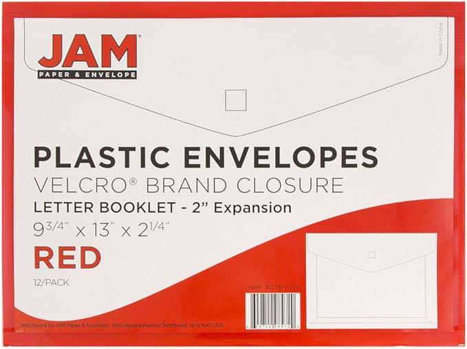 JAM PAPER Plastic Expansion Envelopes with Hook & Loop Closure - Letter Booklet - 9 3/4 x 13 with 2 Inch Expansion - Red - 12/Pack