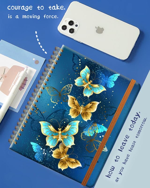 Ruled Spiral Writing Notebook,A5 Hardcover Lined College Journal for Women Lady Girl,Strong Twin-Wire Binding with Premium Paper,8.4" X 6",Perfect for School,Office,Home Gifts(Blue Gold Butterfly)