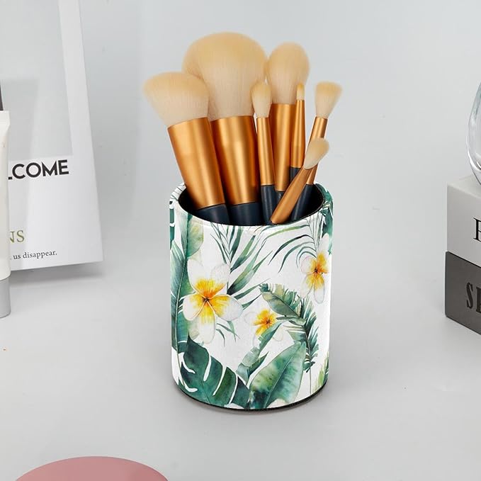 Pen Holder For Your Desk, Pencil Holder Organizes All Pens, Watercolor Plumeria Flowers Palm Tree Pen Cup For Your Office Decor