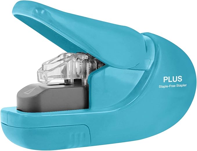 Plus Paper Clinch Compact Staple-Free Stapler, Blue Turquoise