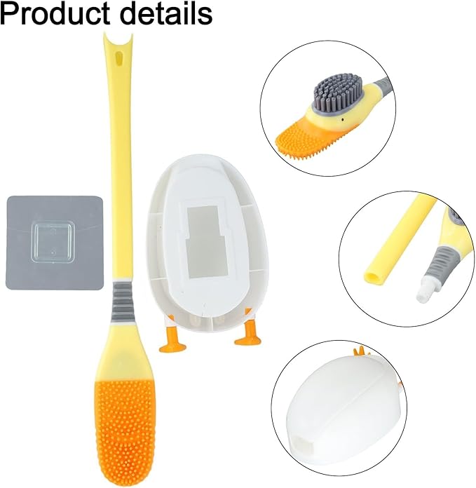 Duck Silicone Toilet Brush and Holder Set with 360° Curved Head for Deep Cleaning, Easy Storage, White/Yellow(Yellow)