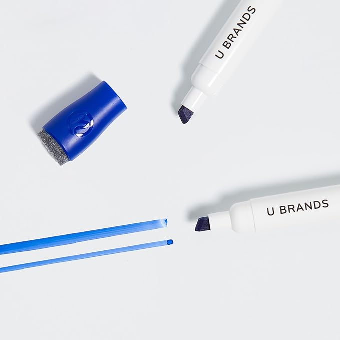 U Brands Fine Tip Dry Erase Markers with Eraser, Whiteboard Markers with Chisel tip, Low Odor, Blue, Set of 12