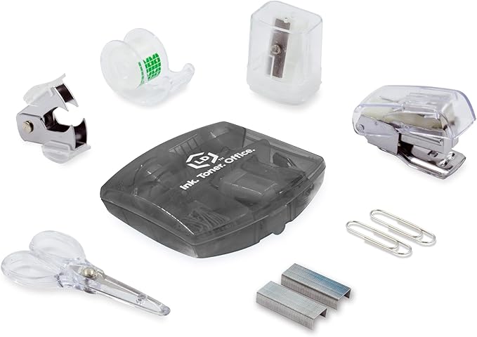 LD Products Black Mini Office Supply Kit Portable Case with Scissors, Paper Clips, Tape Dispenser Set, Pencil Sharpener, Mini Stapler with Staples and Staple Remover