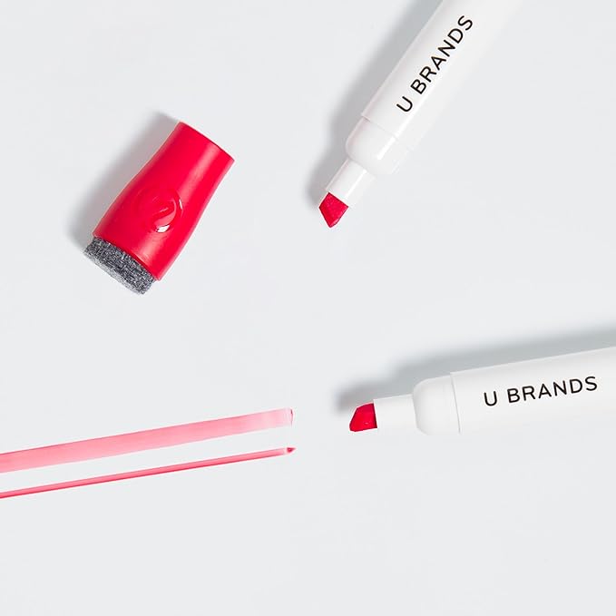 U Brands Fine Tip Dry Erase Markers with Eraser, Whiteboard Markers with Chisel tip, Low Odor, Red, Set of 12
