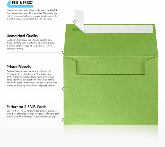 LUXPaper A2 Invitation Envelopes | Peel & Press | 4 3/8" x 5 3/4" | Fairway Green Metallic | 80lb. Text | 50 Qty