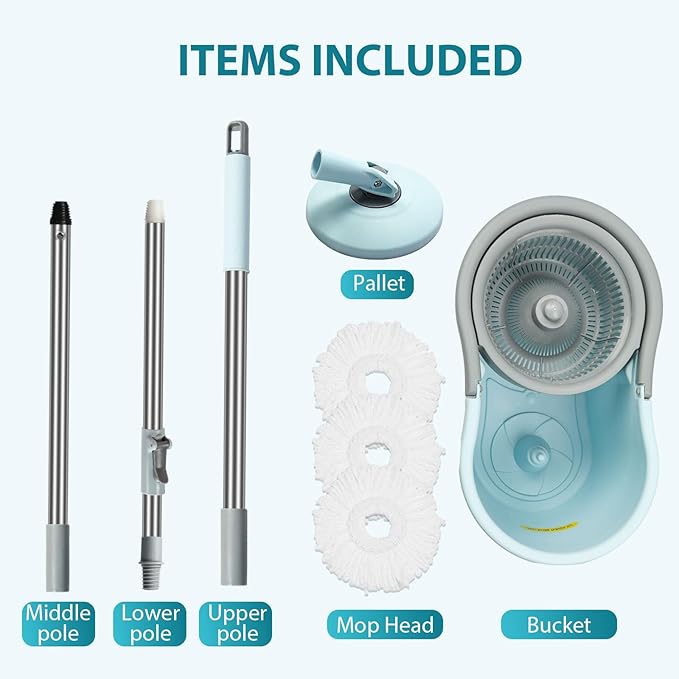 Spin Mop and Bucket with Wringer Set, Operable 360° Rotating Mop Bucket Set with 3 Microfiber Replacement Head, Stainless Steel Extended Handle for Floor Cleaning Home Office(Blue)