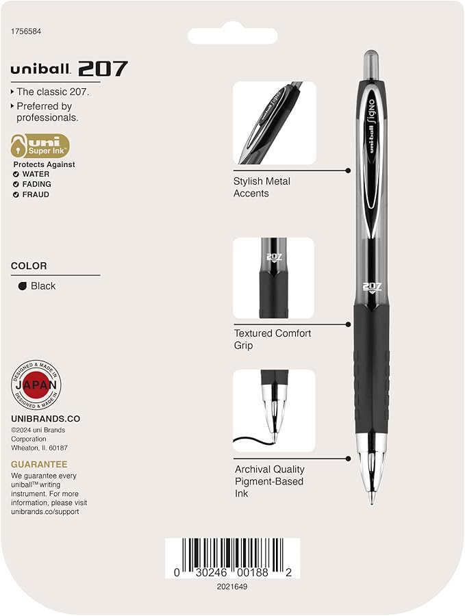 uniball Signo 207 Gel Pen, Retractable, Medium 0.7 Mm, Black Ink, Translucent Black Barrel, 8/pack