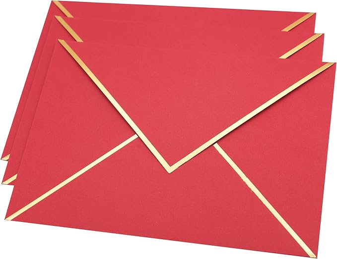 A7 Envelopes - V Flap Foil Border Luxury Mailing Envelopes for 5" x 7" Cards - for Wedding, Invitations, Baby Shower, Photos, Graduation, Birthday, Bridal Shower - 5.25" x 7.25" (Red, 25 Pack)