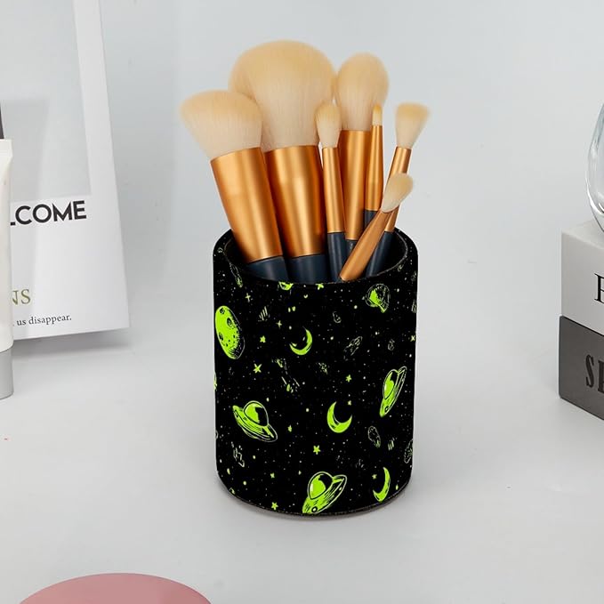 Leather Pen Holder for Desk Alien Moon Spaceship Pencil Cup Desktop Organizer Makeup Brush Holders Office Supplies for Home, Kids & School