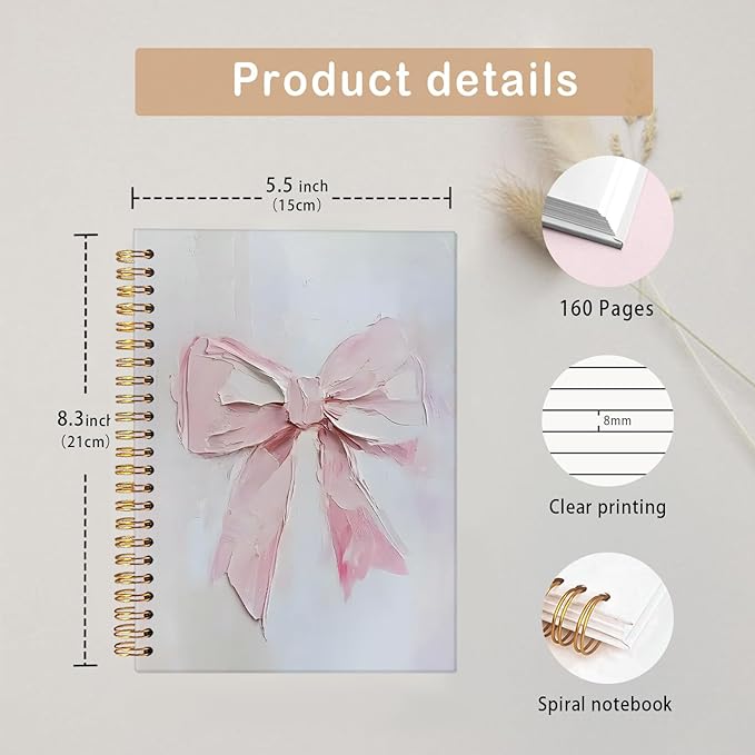 MOFUYU Coquette Pink Bow Spiral Journal Notebook,Cute Notebooks for Women,Journal for Women Bow,Pink School Supplies Hardcover Spiral Notebook 5.5x8.3 Inch