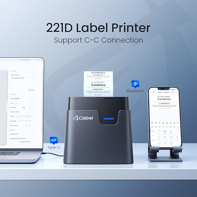 CLABEL Label Maker, Thermal Barcode Printer with No Bound Consumables, Bluetooth & USB Connection, Supports Various Sized 0.98"-1.96", Label Printer for Small Business