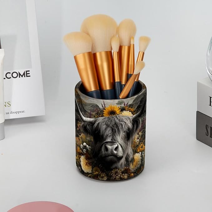 Watercolor Sunflower Yak PVC Leather Circular Pencil Holder for Desk Organizer Stationery Holder for Office, School(3.9 x 3.1 Inches)