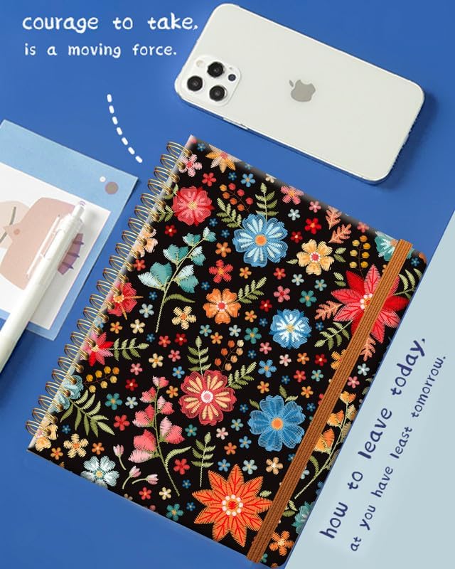 Ruled Spiral Writing Notebook,A5 Hardcover Lined College Journal for Women Lady Girl,Strong Twin-Wire Binding with Premium Paper,8.4" X 6",Perfect for School,Office,Home Gifts(Bright Flower Leaf)