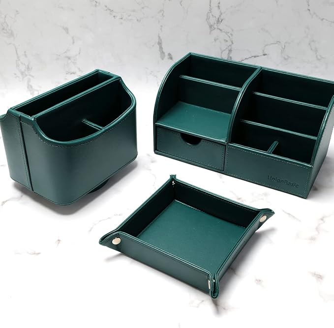 UnionBasic Desk Organizer - Multifunctional Leather Desktop Pen Holder Storage Box - Business Card/Pen/Pencil/Mobile Phone/Stationery Holder, Vintage Green