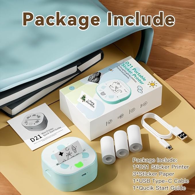 Portable Thermal Printer with 3 Rolls Stickers Paper, Mini Sticker Printer, Bluetooth Inkless Pocket Printers, Sticker Maker Print Pod for Notes, Journal, DIY, Kids Gift