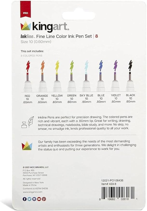 KINGART 433-8 PRO Inkline Color Micro Line & Precision Graphic Pens, 8 COLORS Size 08 (0.60mm) Nibs, Archival Waterproof Japanese Ink for Art, Illustration, Lettering, Anime, Technical Drawing, Manga