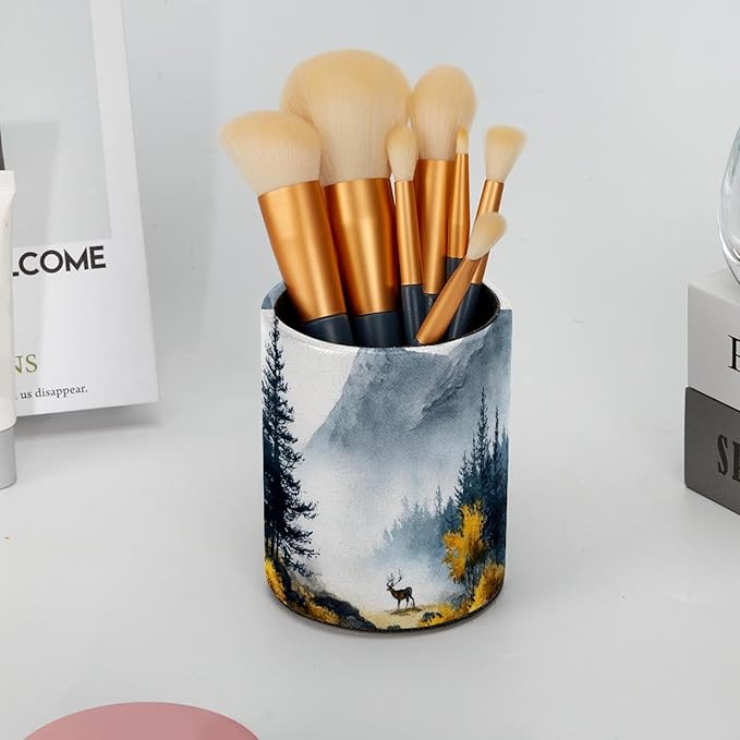 Watercolor Mountain Deer Circular Pen Holder, Pen Cup Makeup Brush Holder, Design for School, Home and Stationary Supplies (3.9 x 3.1 Inches)