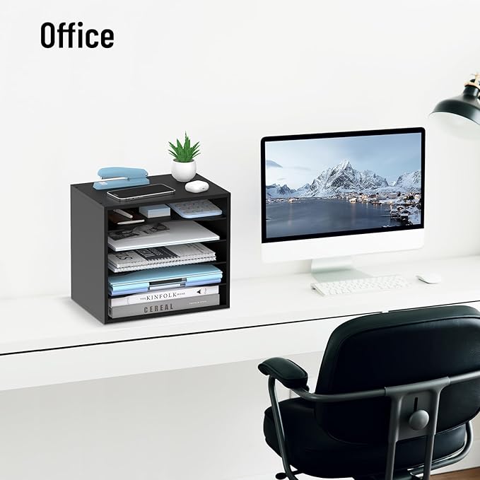 5-Tier Wood Desk Organizer, Paper Tray Organizer for Desk with Adjustable Storage Shelves, Desktop Paper Sorter Mail Holder for Office Home Classroom, Black