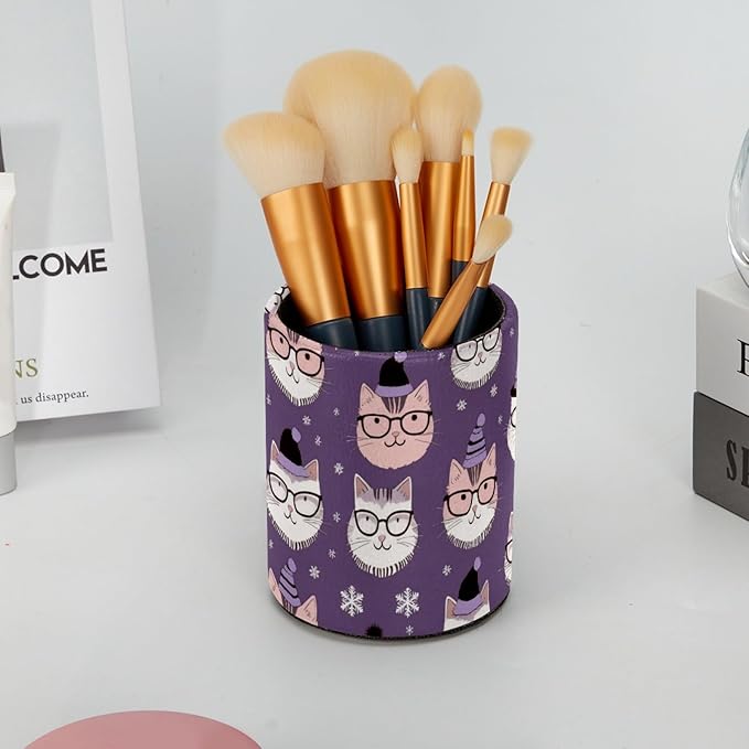 Leather Pen Holder for Desk Cute Cats Pencil Cup Desktop Organizer Makeup Brush Holders Office Supplies for Home, Kids & School