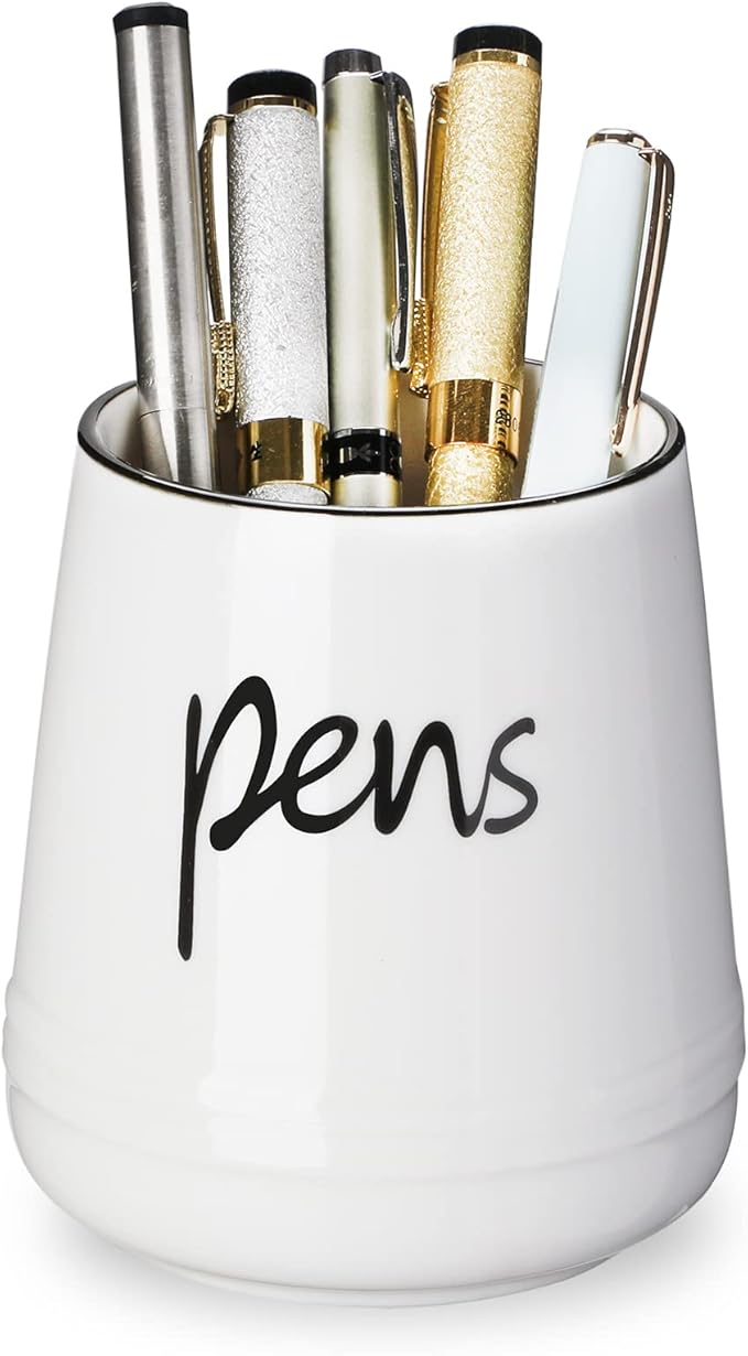 LEEOTYI Ceramic Farmhouse Pen Holder for Desk, Pencil Organizer 16 oz (White)