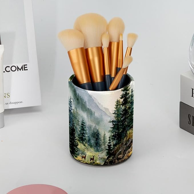 1 Pack Watercolor Mountain Deer Circular Pen & Pencil Holder - Durable PU Leather Pencil Cup, Desk Accessories Organizer for Office Desk School Home