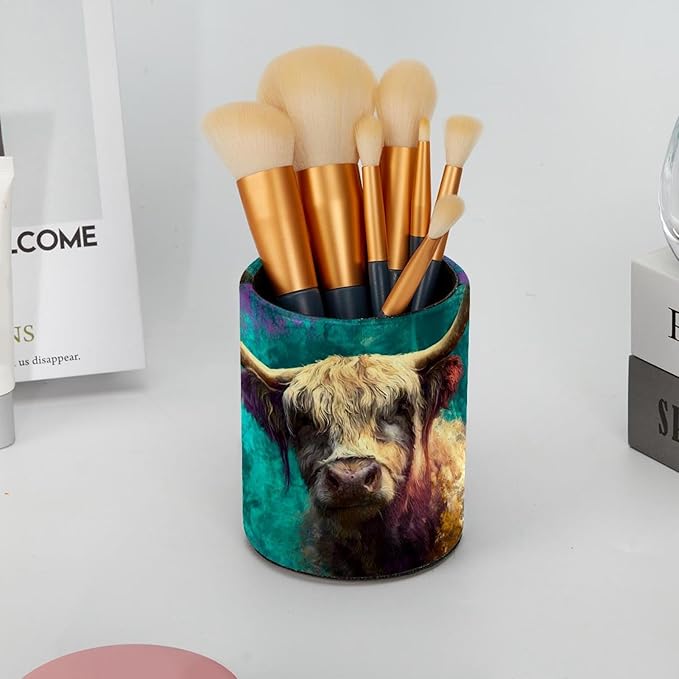 1 Pack Watercolor Art Yak Circular Pen & Pencil Holder - Durable PU Leather Pencil Cup, Desk Accessories Organizer for Office Desk School Home