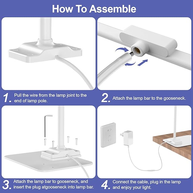 KableRika LED Desk Lamp with Base: Bright Desk Lights for Home Office - Eye Care Reading Table Lamps - Dimmable Desktop Lighting for Computer Monitor Study Drafting White